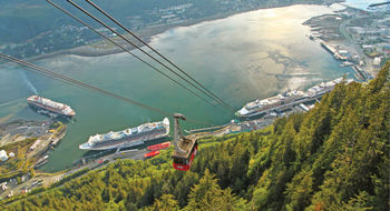 The Juneau waterfront and cruise ship dock from Mount Roberts' Goldbelt Tram.