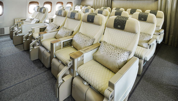 Seats in Emirates' premium economy cabin on refurbished Boeing 777s have 40 inches of space between rows. Seats in Emirates' premium economy cabin on refurbished Boeing 777s have 40 inches of space between rows.